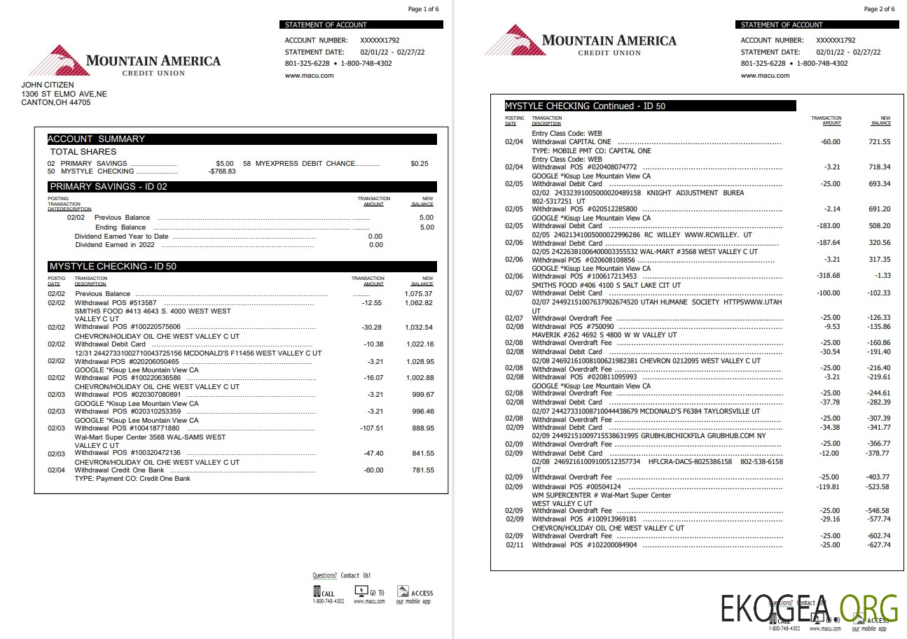 Déclaration de la Mountain America Credit Union des États Unis, 6 pages